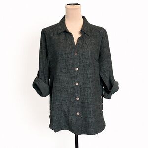 Toofan Linen Blend Tunic Top L Green Button Down Roll Tab Sleeve High Low